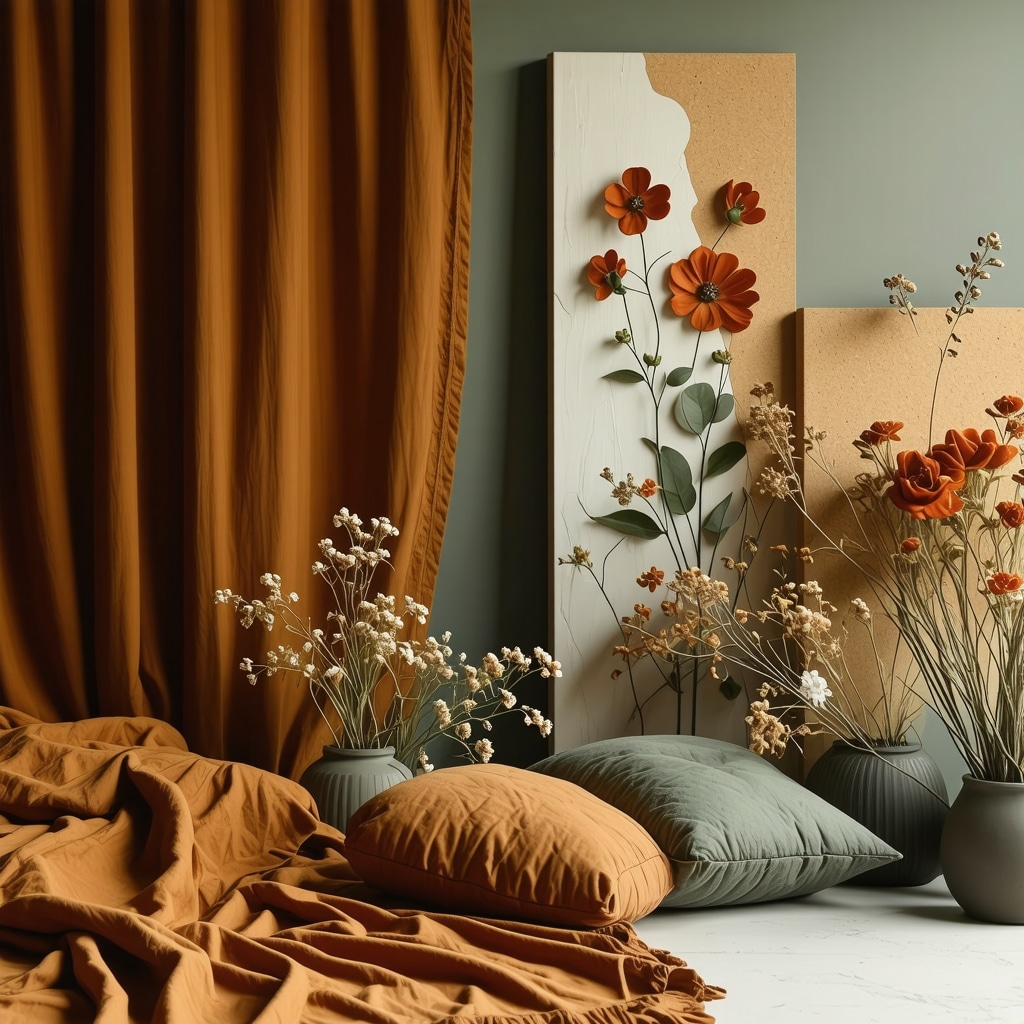 Close-up of autumn-themed DIY decorations including naturally dyed textiles, pressed flower resin art, and sustainable insulation panels in a warm home setting.