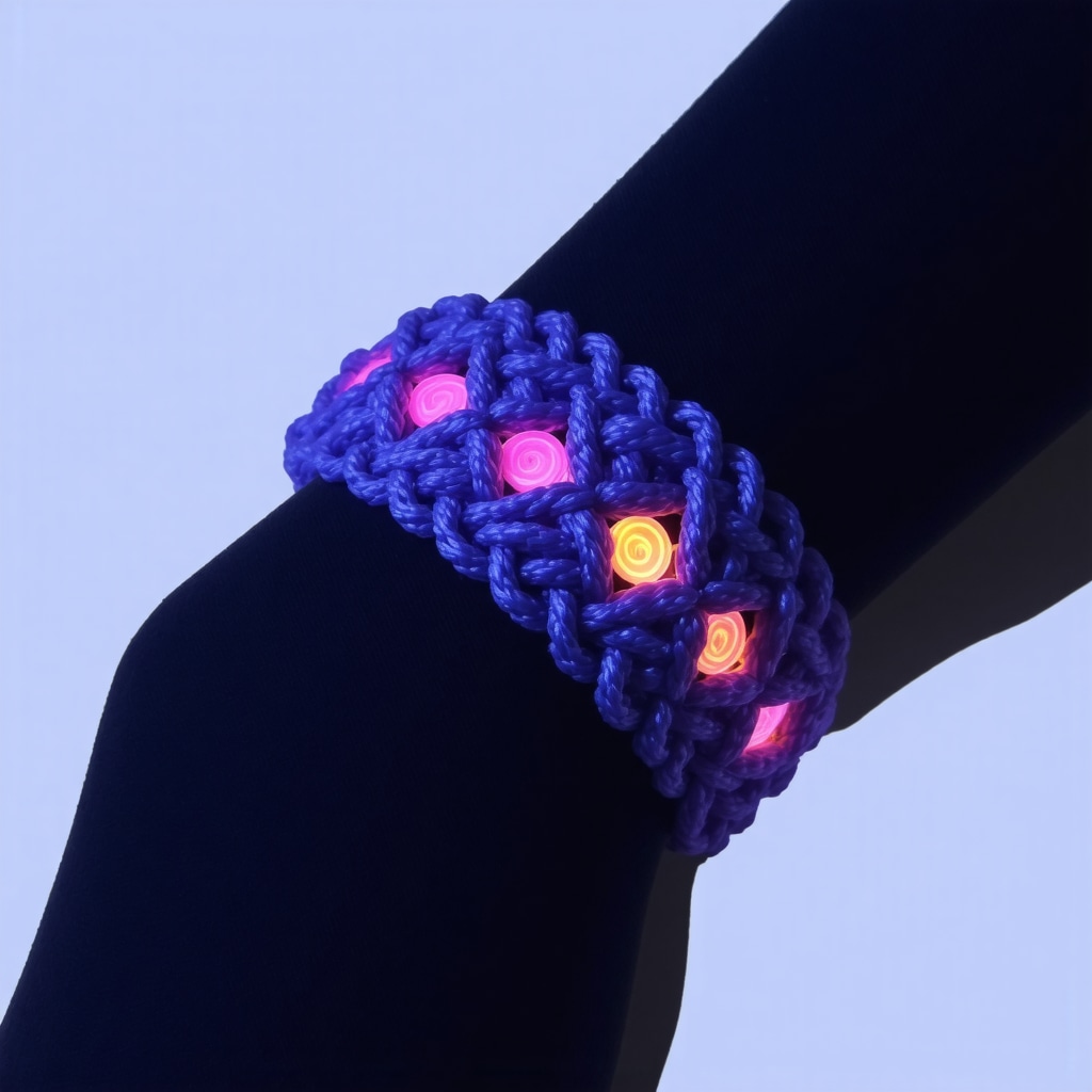 Detail of an advanced friendship bracelet made with natural fibers and glowing UV-reactive threads