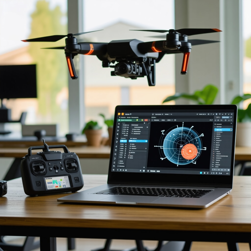 Home drone workshop with AI software on laptop and optimized hardware components