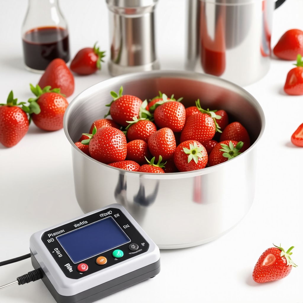 Digital pH meter and refractometer next to a pot with strawberries for jam making, illustrating scientific approach to jam preparation