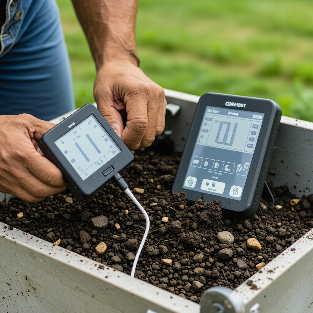 Gardener using digital sensors to check compost temperature and moisture