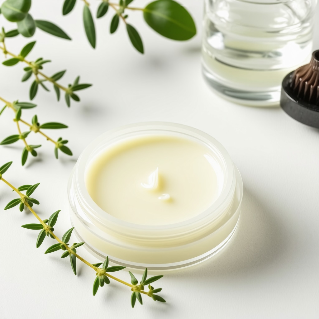 Close-up of natural eczema balm with nanoemulsion and pH balancing elements in a lab setting
