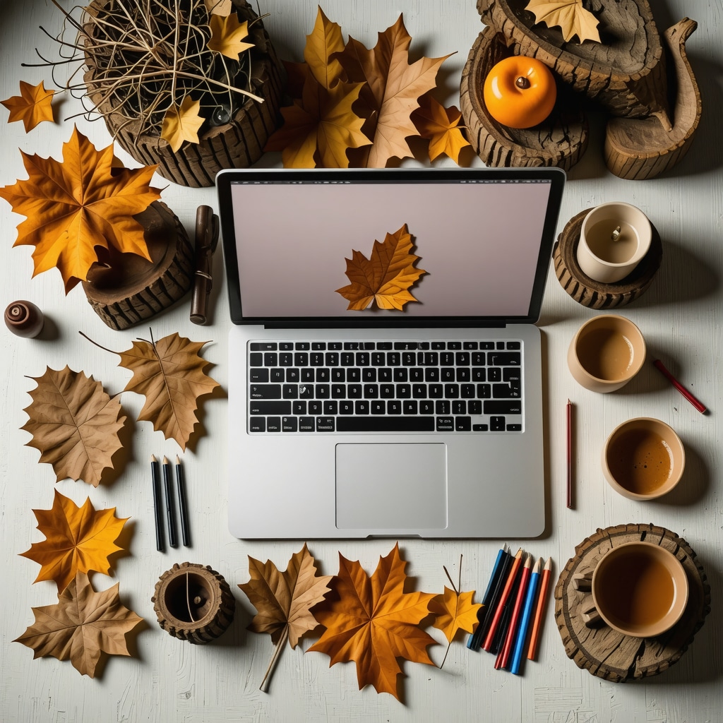 Autumn-themed DIY workspace with natural materials and digital crafting tools