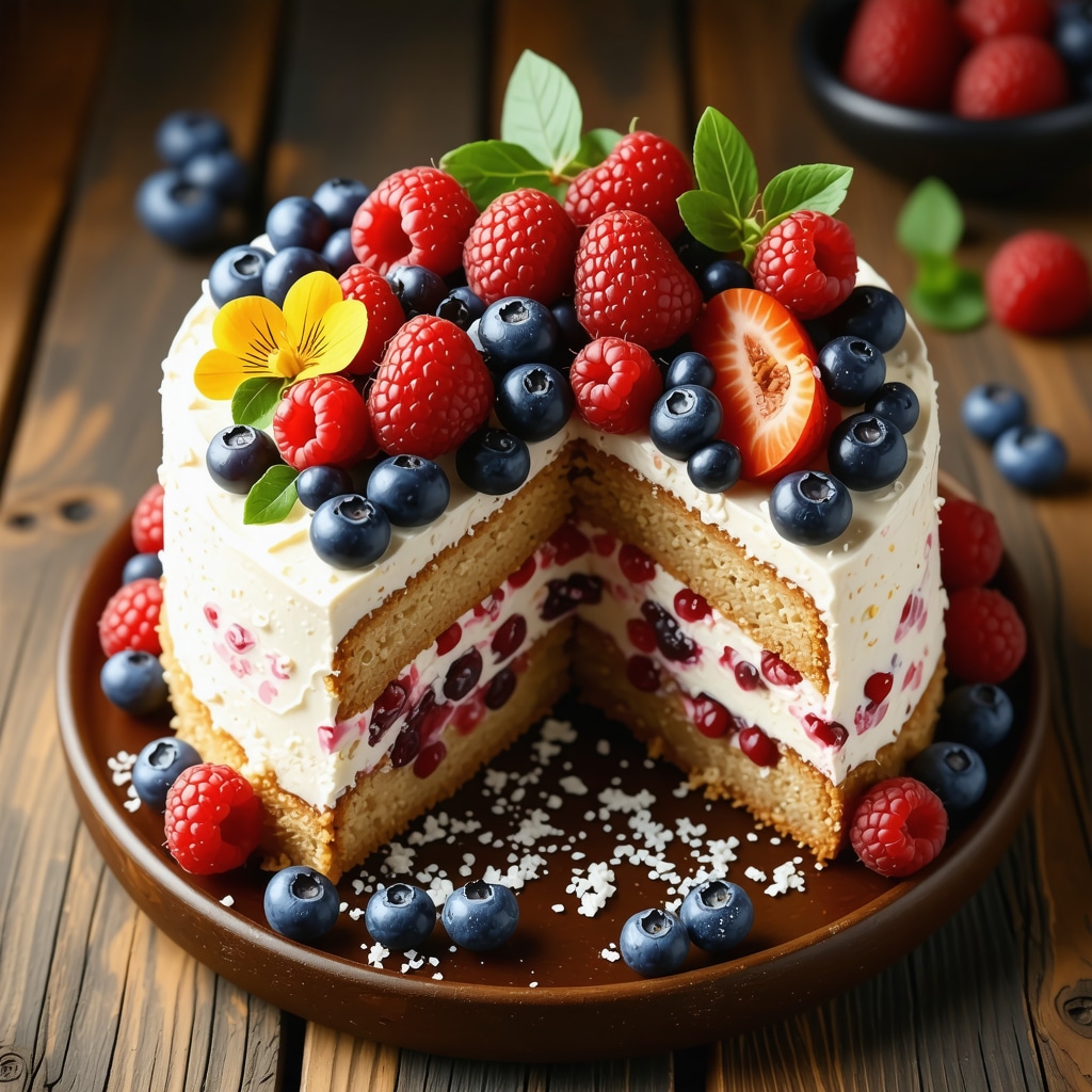 Moist cross-section of vegan cake decorated with fresh berries and edible flowers
