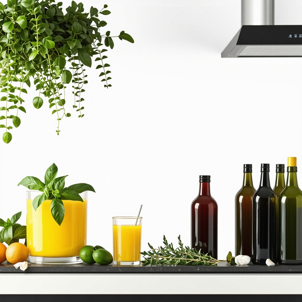 Cold-pressed orange juice with basil and thyme in a modern kitchen setting showing dark glass bottles for storage