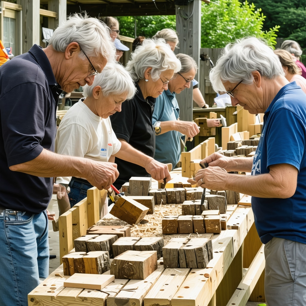 People of different ages building birdhouses and feeders with sustainable materials in an outdoor workshop
