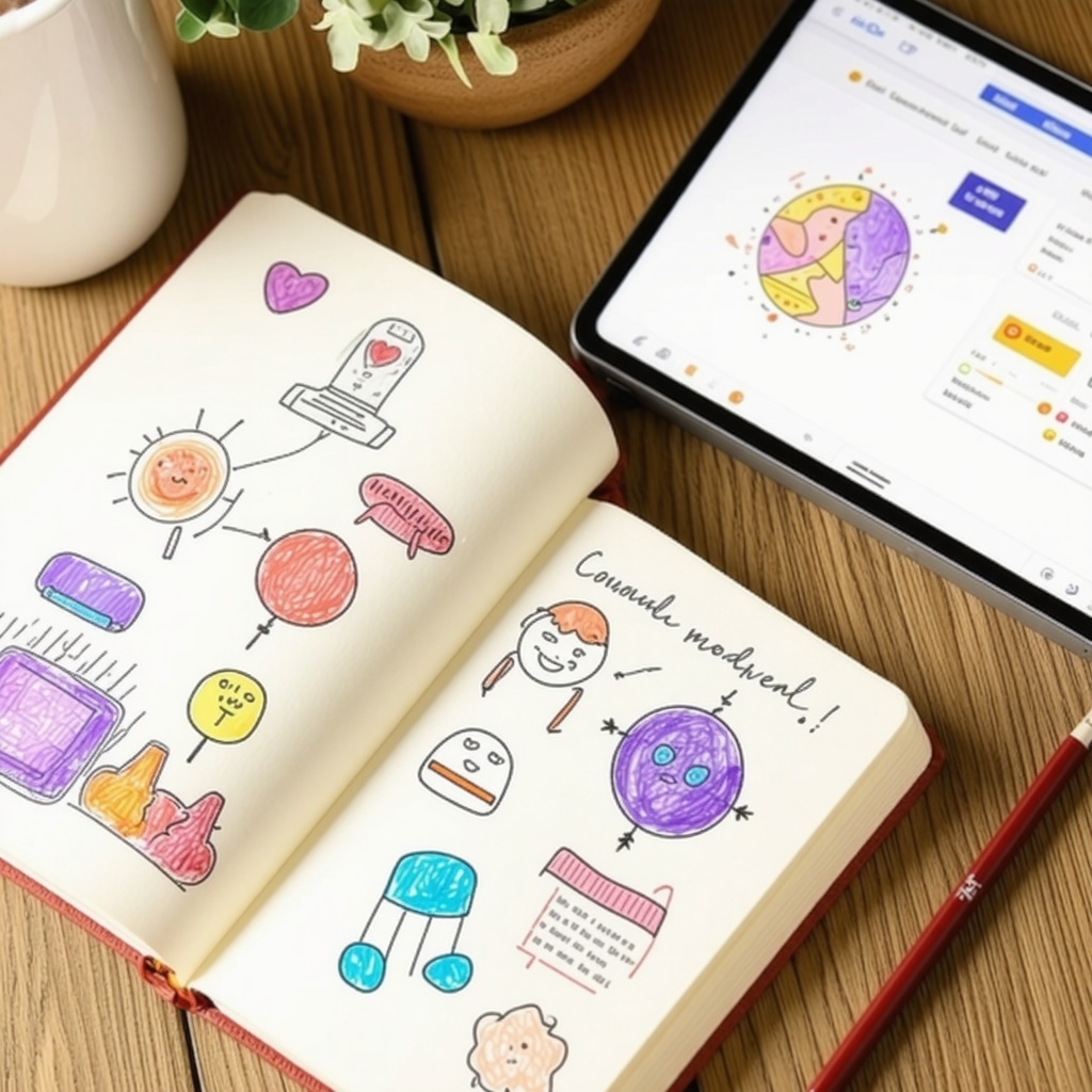 Open journal with colorful sketches and handwritten notes next to a digital tablet showing AI mood analysis interface