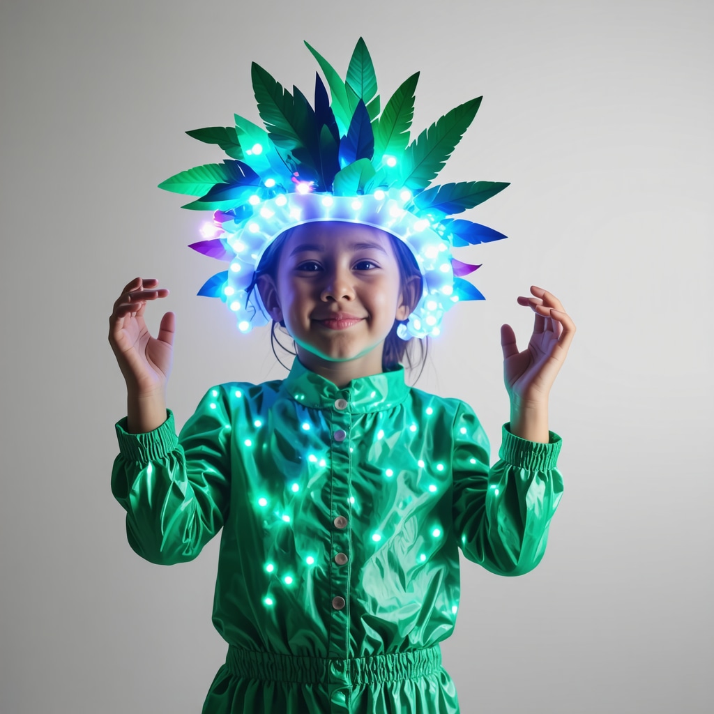 Homemade carnival costume with eco materials and LED lights in a cozy workshop