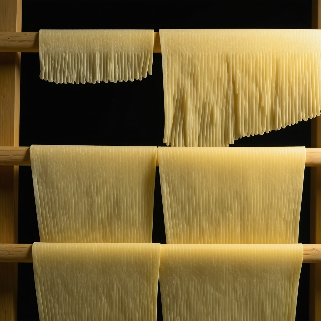 Fresh homemade pasta drying on wooden racks in kitchen
