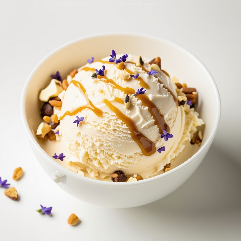 Close-up of creamy homemade ice cream with caramel swirls, chopped nuts, and lavender garnish