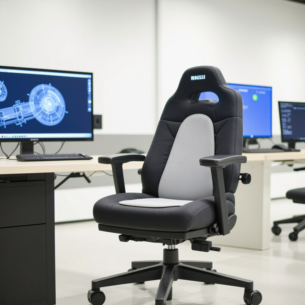 Modern ergonomic chair prototype with adjustable lumbar support and integrated technology in a workshop setting