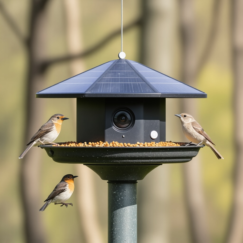 Solar-powered bird feeder with IoT sensors and cameras in garden visited by birds