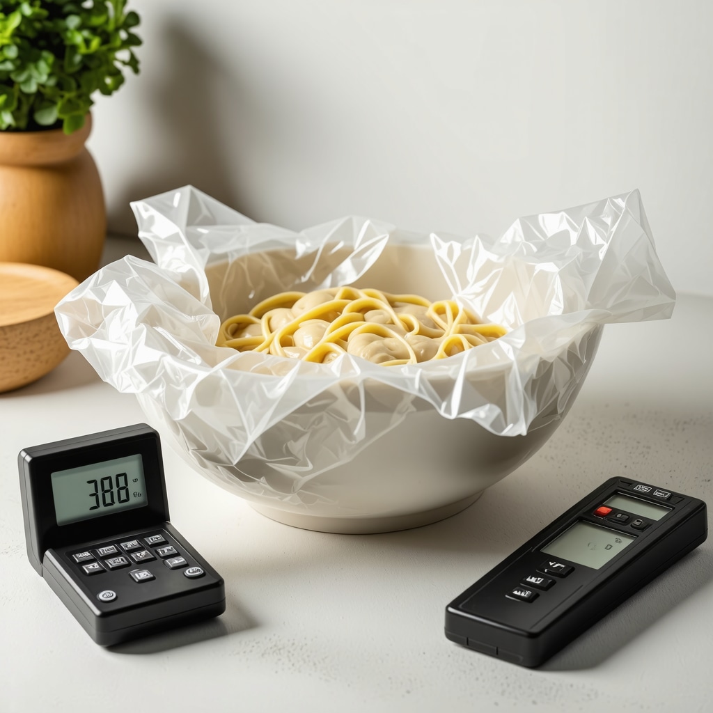 Homemade pasta dough resting on kitchen counter with hygrometer and temperature sensor