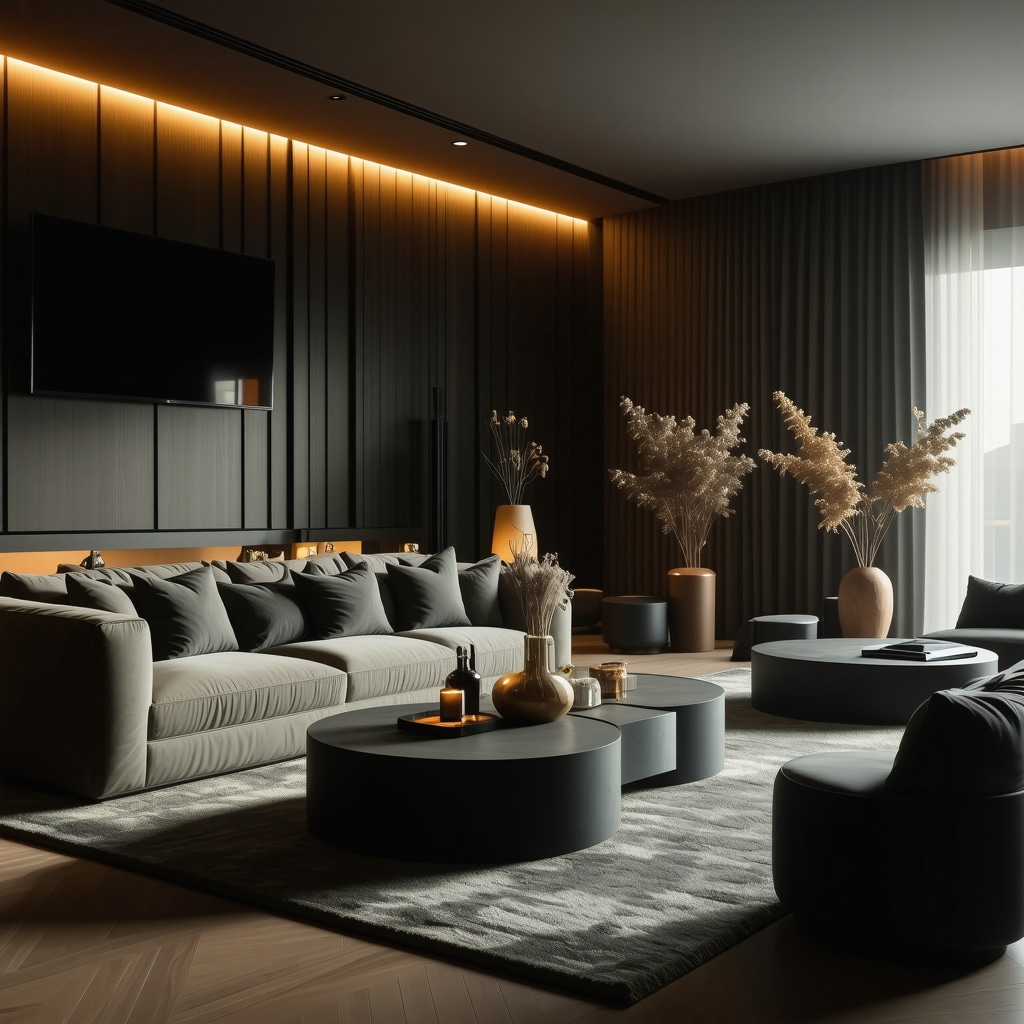 Smart lighting and aroma diffusers creating cozy atmosphere at home celebration