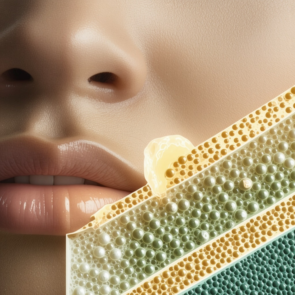 Scientific illustration of nanoemulsion particles penetrating skin with herbal extracts for herpes treatment
