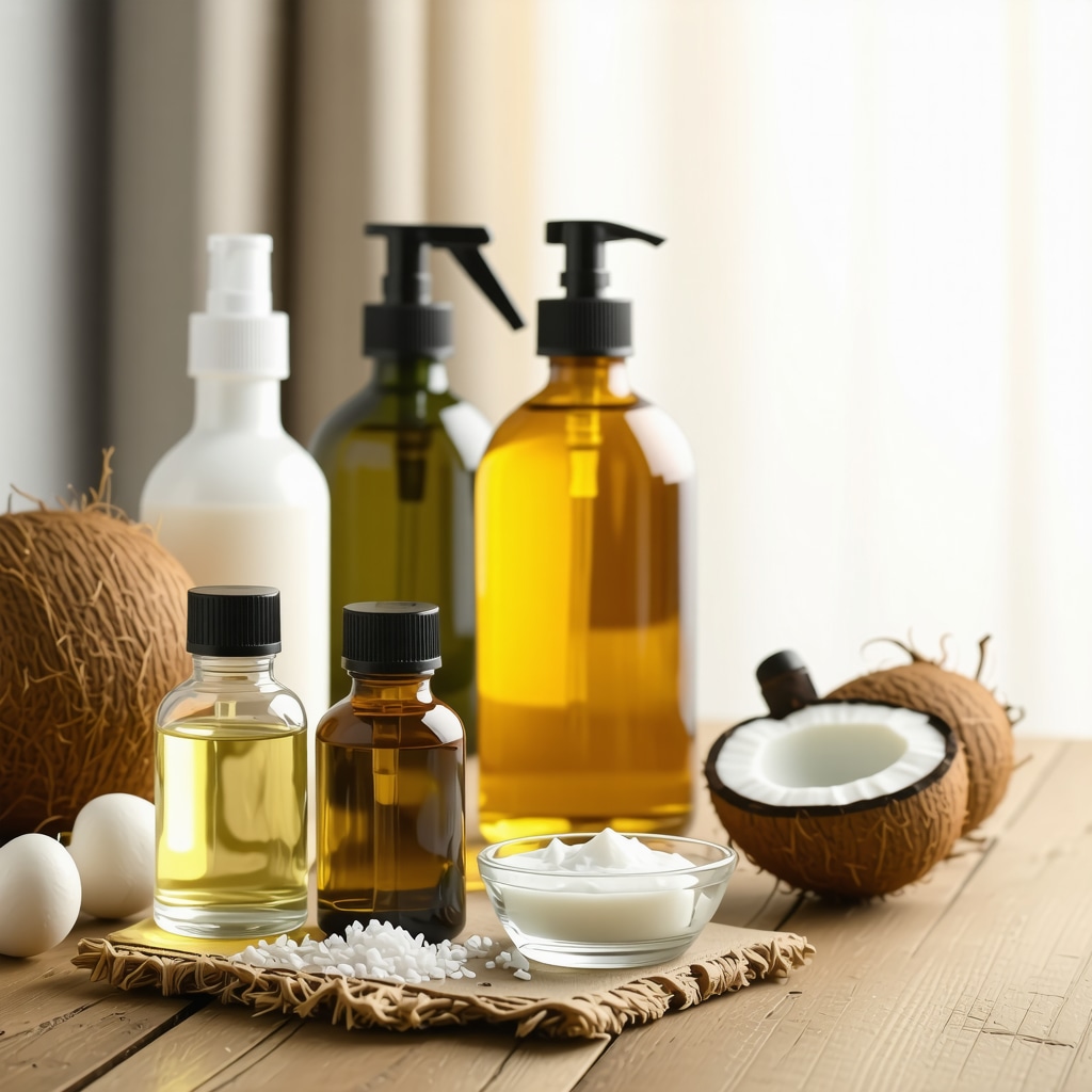 Natural ingredients for homemade nail remover such as coconut oil and apple cider vinegar arranged on a wooden table