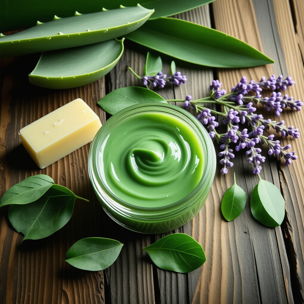 Jar of natural homemade scar healing ointment with aloe vera and lavender flowers