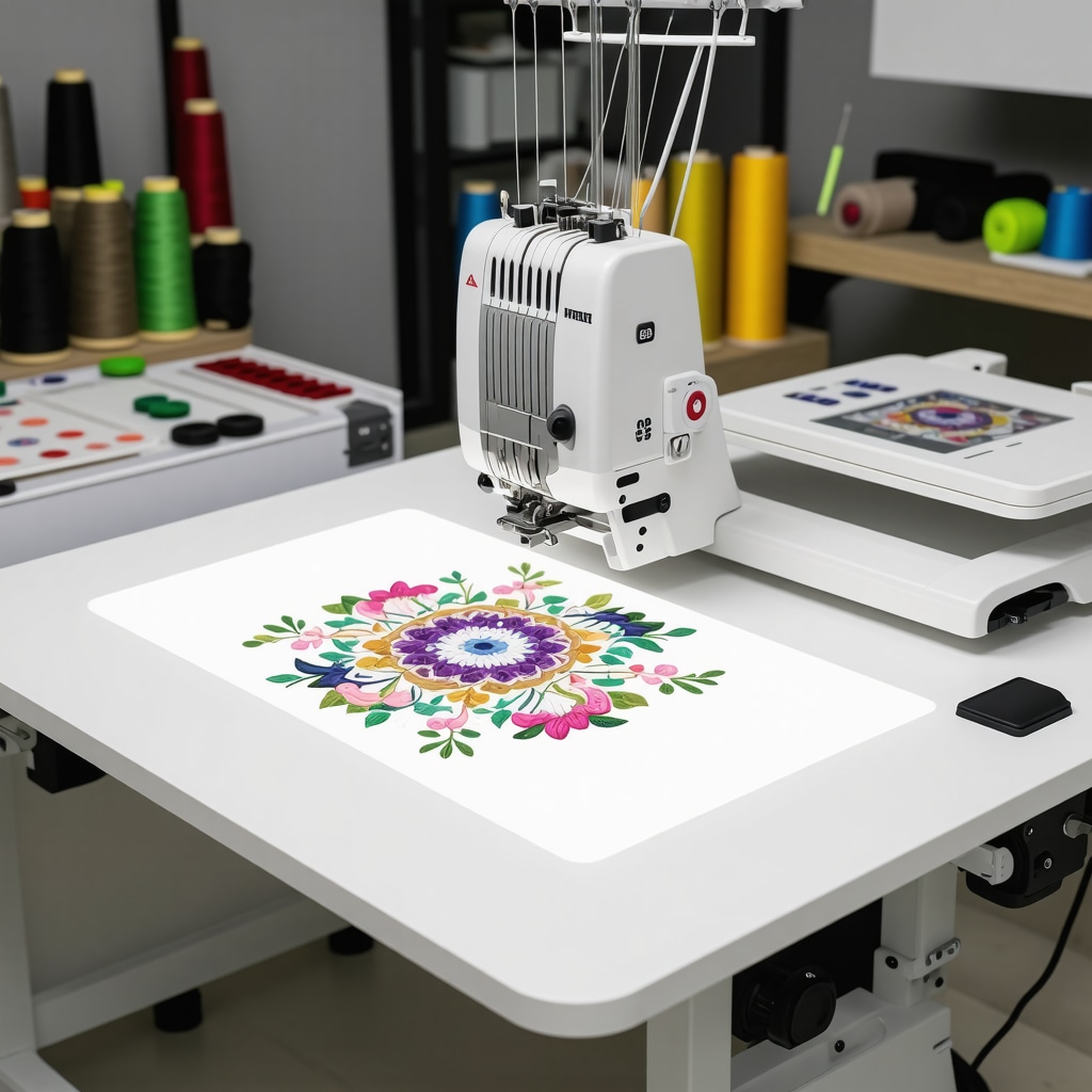 Ergonomic embroidery workspace featuring adjustable frame and LED lighting for precision stitching