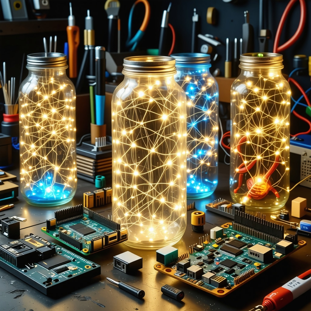 Glass jars illuminated with LED lights controlled by Arduino and Raspberry Pi in a workshop setting