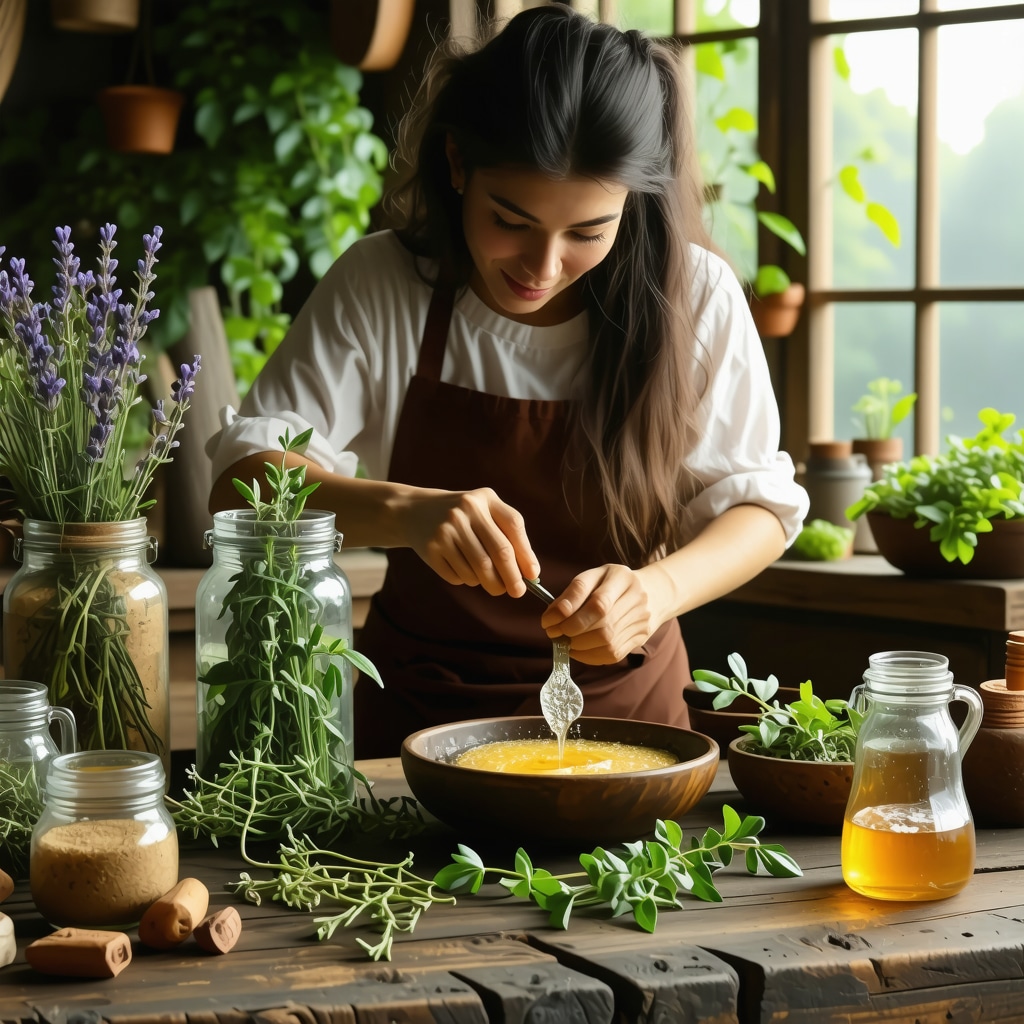 Herbalist preparing natural cold balm with honey and essential oils in rustic setting
