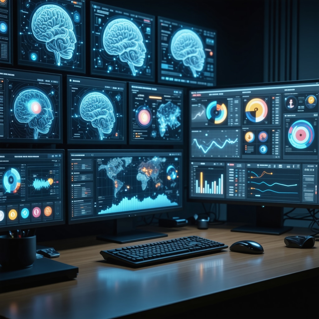 Workspace with AI analytics, neuromarketing brain scans, and social media dashboards for online identity optimization