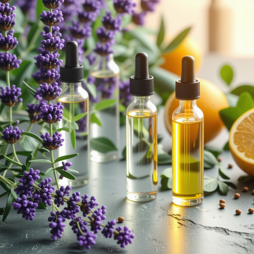 Laboratory glass vials with essential oils and liposome illustrations depicting advanced air freshener technology