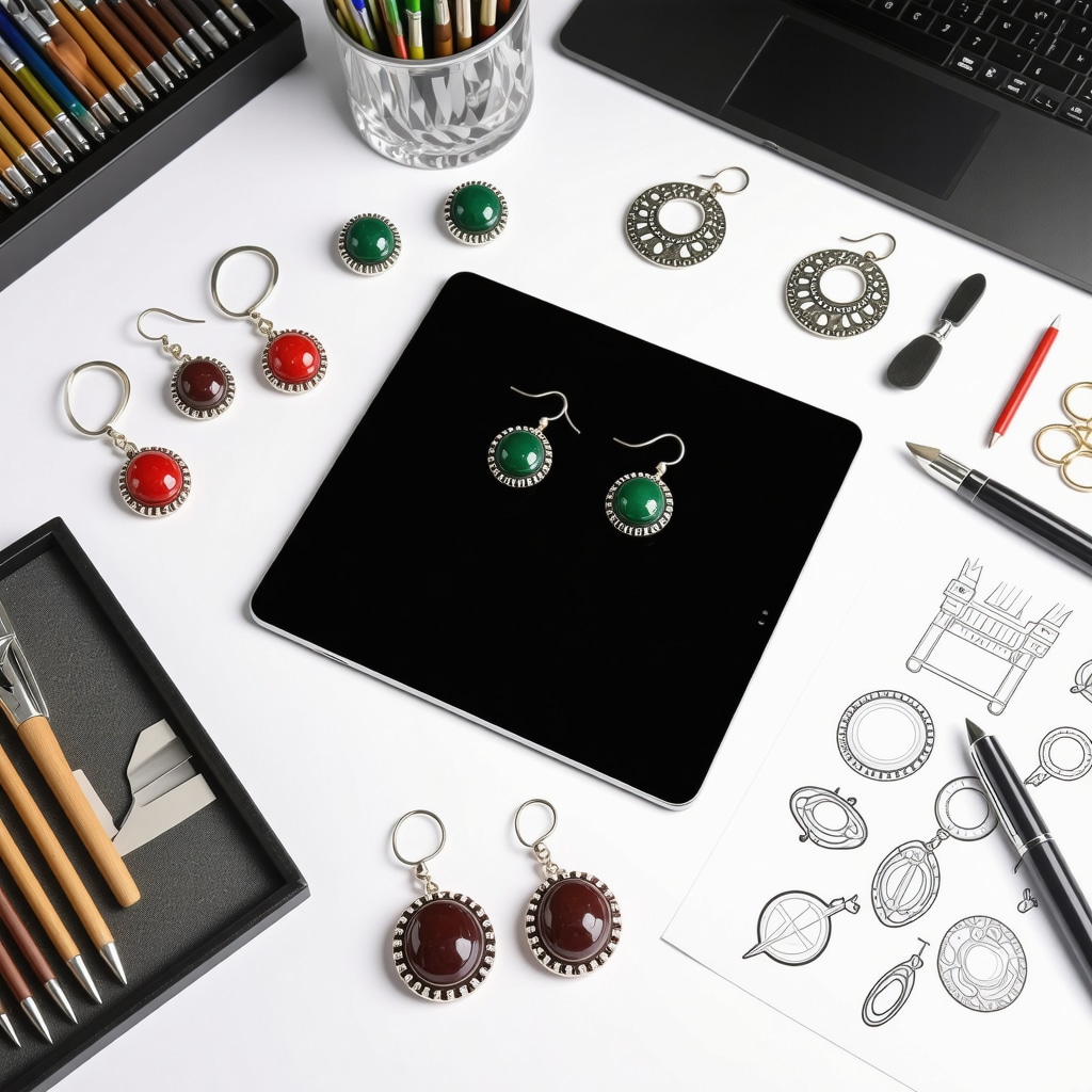 Workspace with traditional jewelry-making tools, 3D printer, and handcrafted earrings in progress