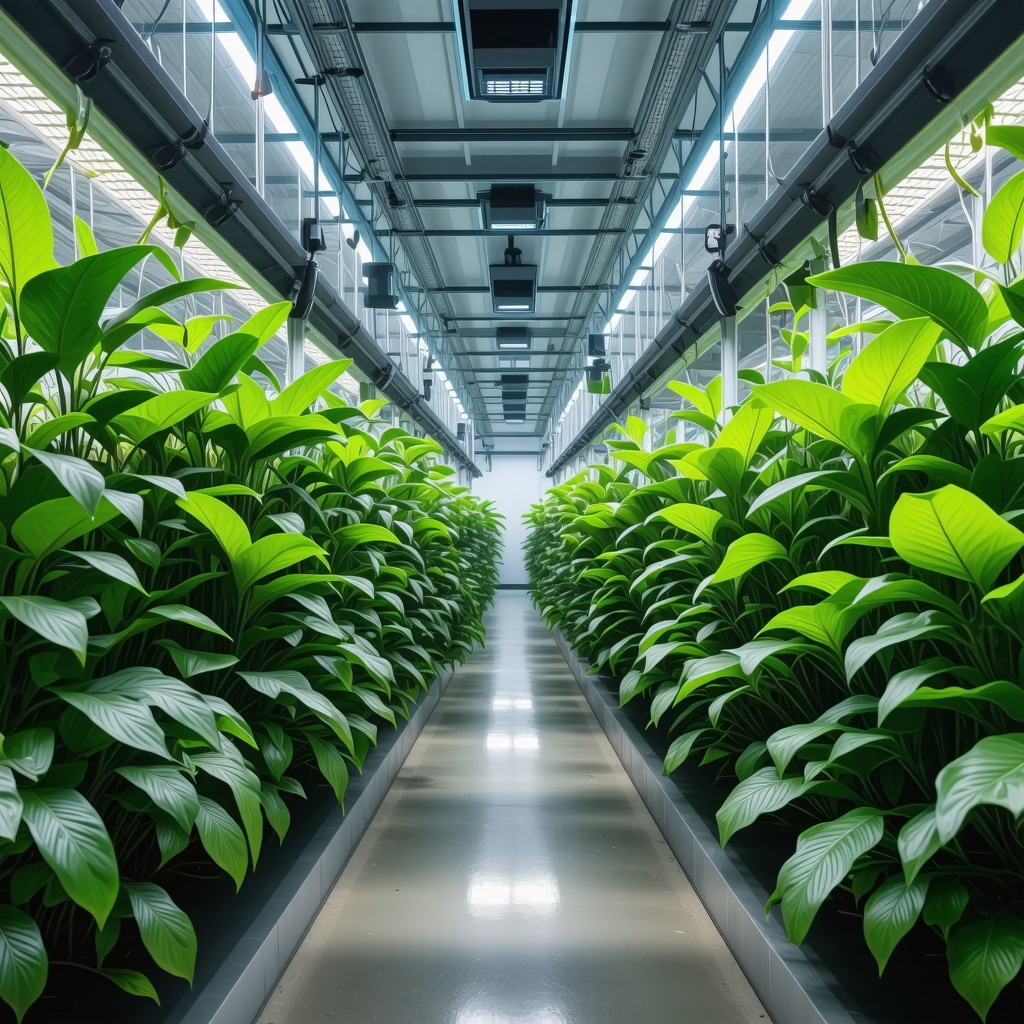 Interior of a modern automated greenhouse with sensors and flourishing plants