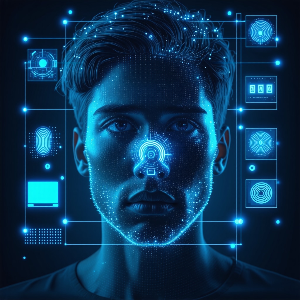 Digital interface showing facial recognition and fingerprint scanning for secure online testing