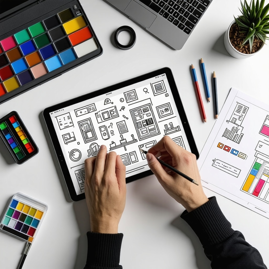 Designer working on visual storytelling and interactive design sketches with color swatches and typography samples