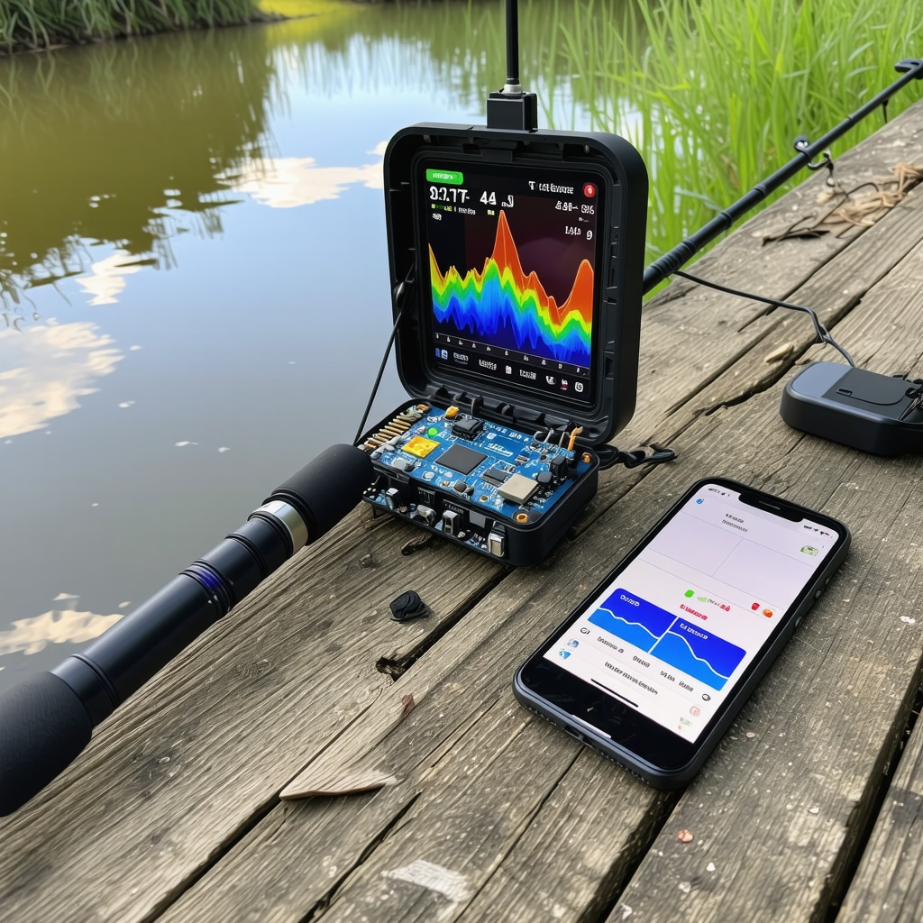 A fishing rod equipped with Arduino-based sensor devices and a smartphone showing fish detection data by a lake