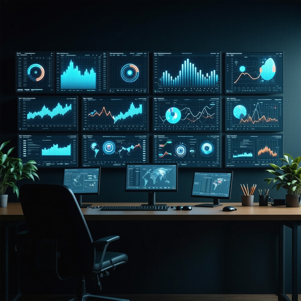 Modern workspace with AI-driven business analytics and KPI dashboards on screens