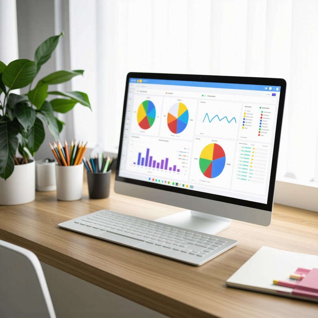 Data analytics dashboard with colorful charts and graphs for online survey results displayed on laptop screen
