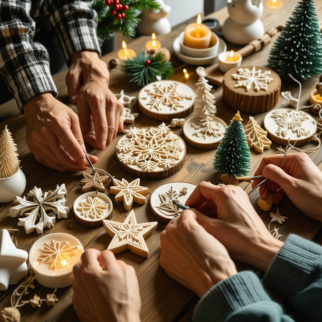 Hands crafting sustainable Christmas ornaments using 3D printing and natural materials in a warm workshop setting
