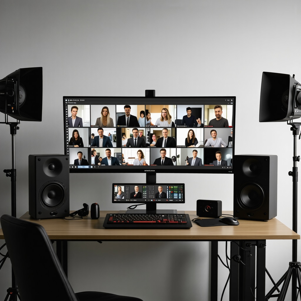 Dual monitors displaying a live web conference with professional lighting and audio gear in a home office