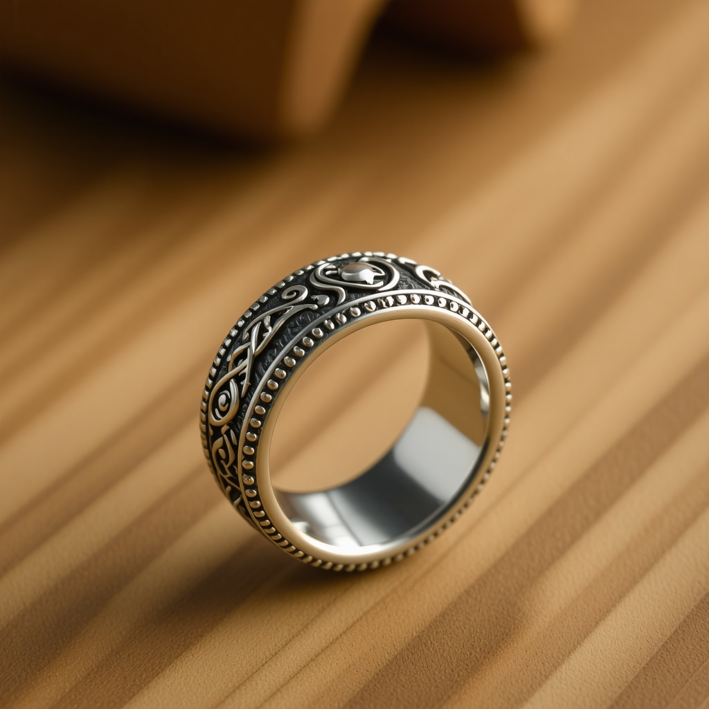 Close-up of a unique handcrafted ring with textured metal and personalized engraving