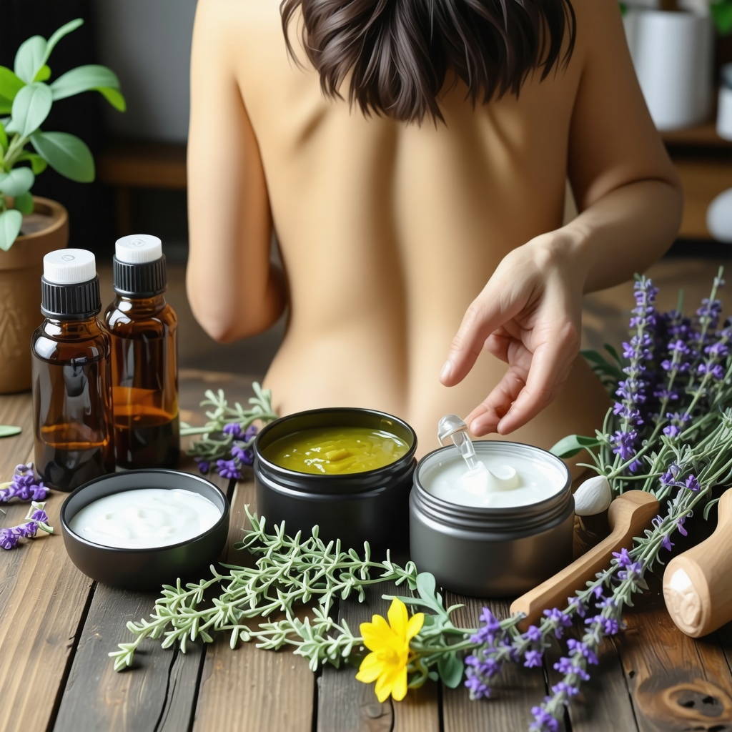 Person massaging lower back with homemade herbal ointment and natural oils nearby