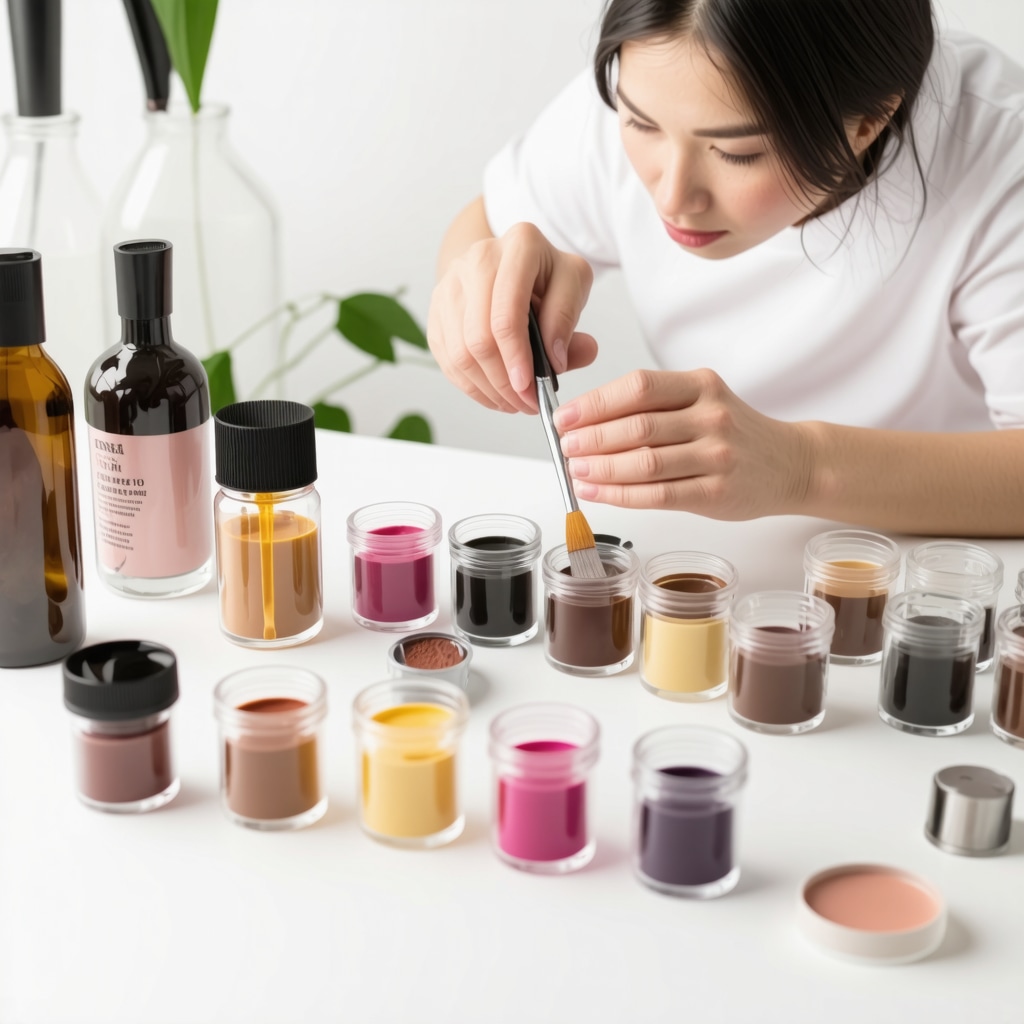 Person preparing homemade makeup in a well-equipped home cosmetics lab with natural ingredients and pigments