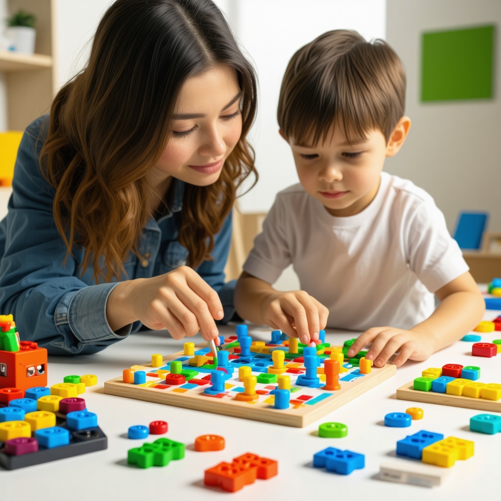 Child and parent assembling a colorful interactive DIY educational toy with LEDs and sensors in a bright workshop
