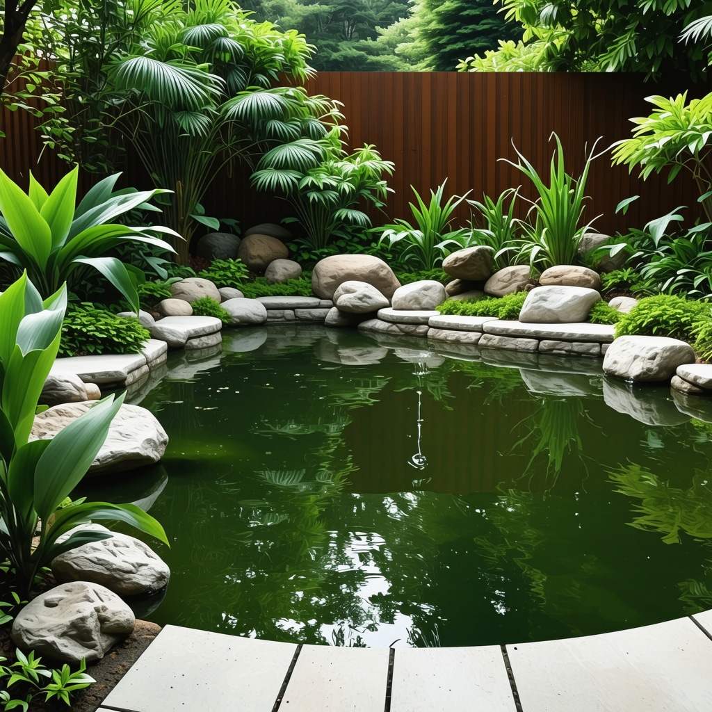 Backyard pond with smart sensors, aquatic plants, and natural stone decorations