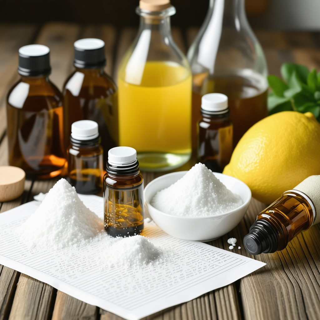 Close-up of vinegar, baking soda, lemon, and essential oils with scientific notes symbolizing homemade cleaning chemistry