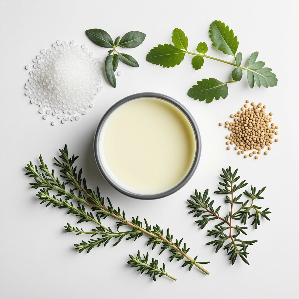 Close-up of natural hair balm ingredients including kefir, seaweed extracts, peptides in rustic kitchen setting