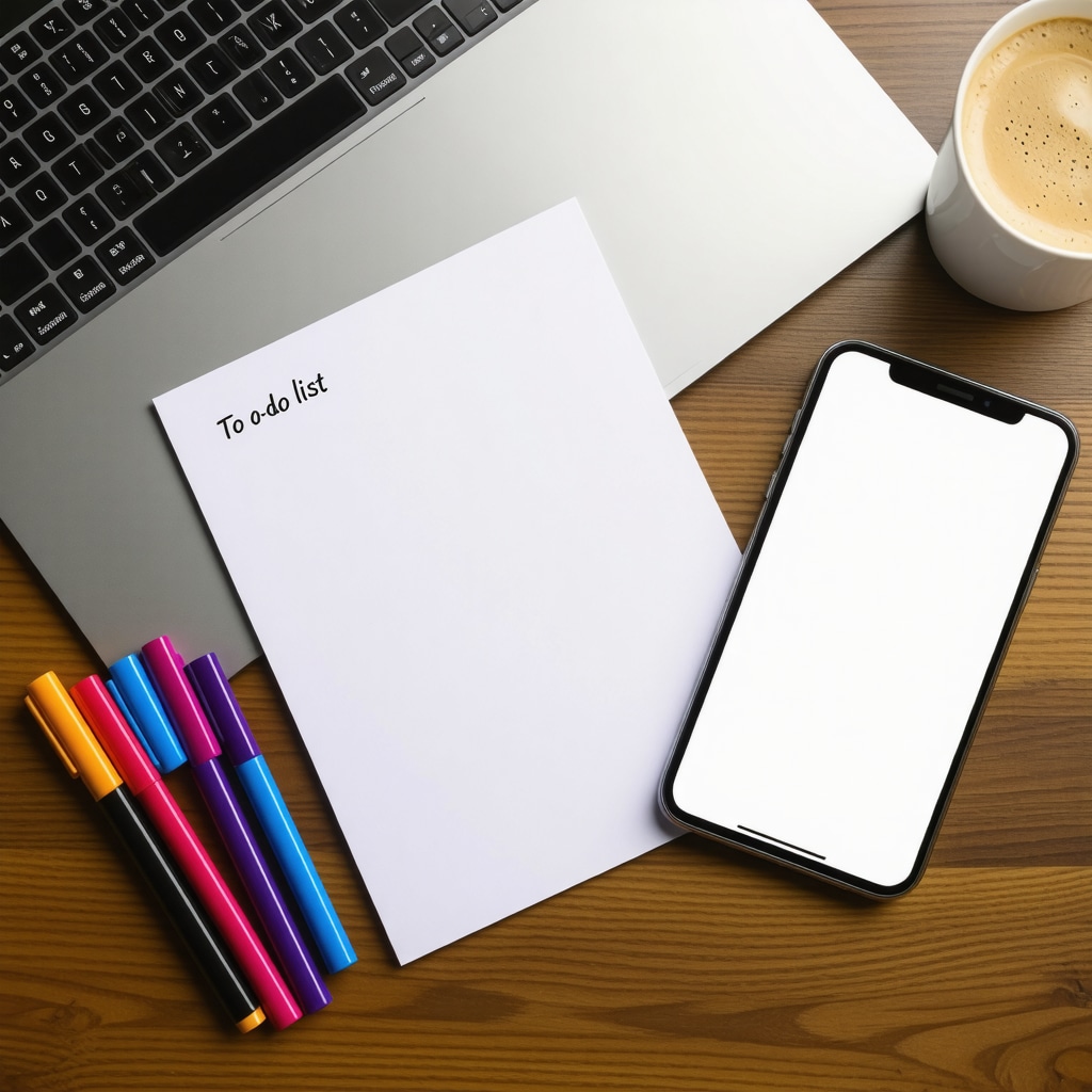 A desk with a handwritten to-do list, digital task management app on laptop screen, colorful markers, and a coffee cup