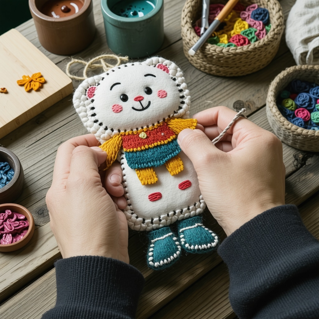 Hands crafting a colorful handmade fabric toy with embroidery and natural dyes in a cozy home workshop