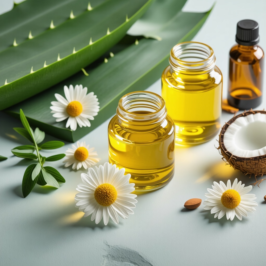 Aloe vera gel, honey, coconut oil, calendula flowers, chamomile, and essential oils arranged in glass jars