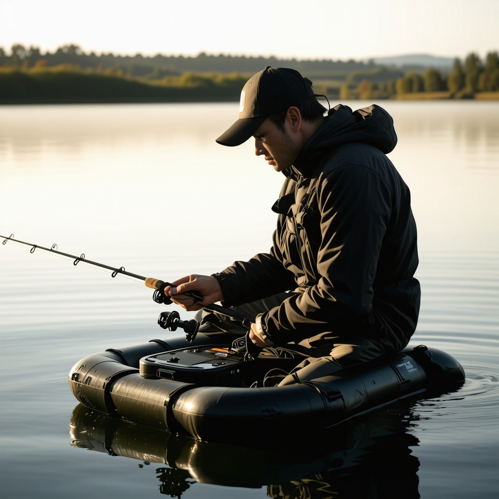 Fisherman using a smart DIY fishing float with sensors and custom eco-friendly gear at lake