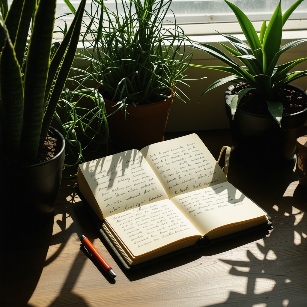 Notebook with affirmations and gratitude journaling in a calm, plant-filled workspace
