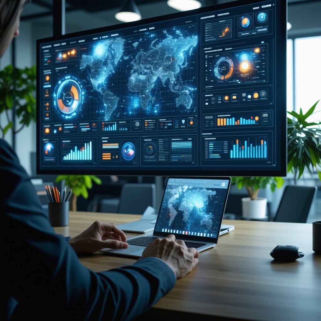 Digital interface with AI analytics and data visualization on a modern workspace