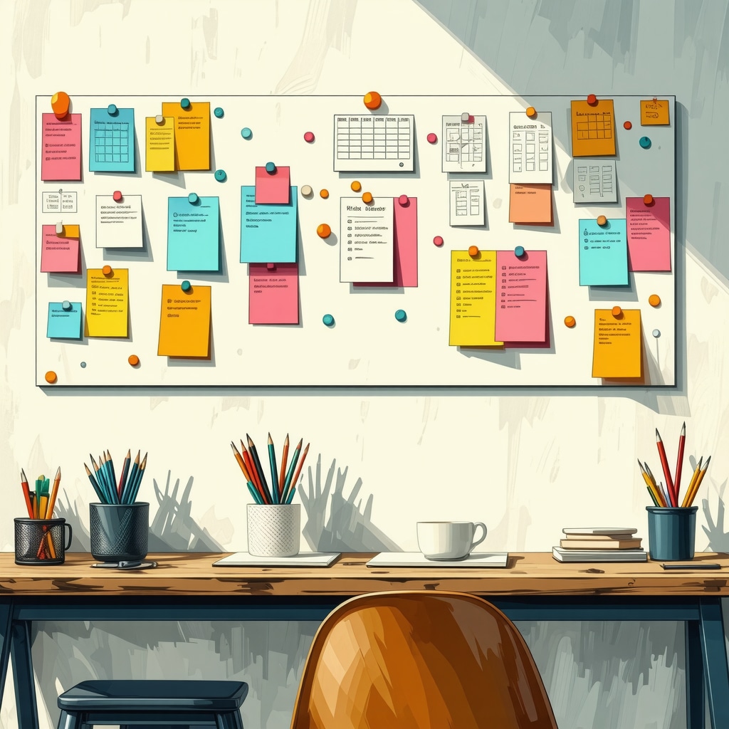 Illustration of Kanban boards, goal journals, and digital planning tools for creatives