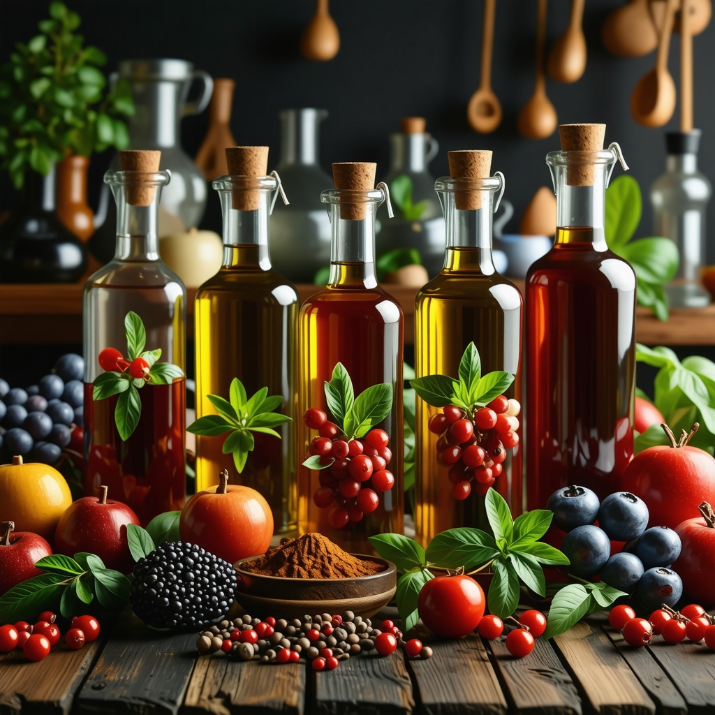 Bottles of homemade liqueur surrounded by fresh fruits, spices, and herbs in a rustic kitchen